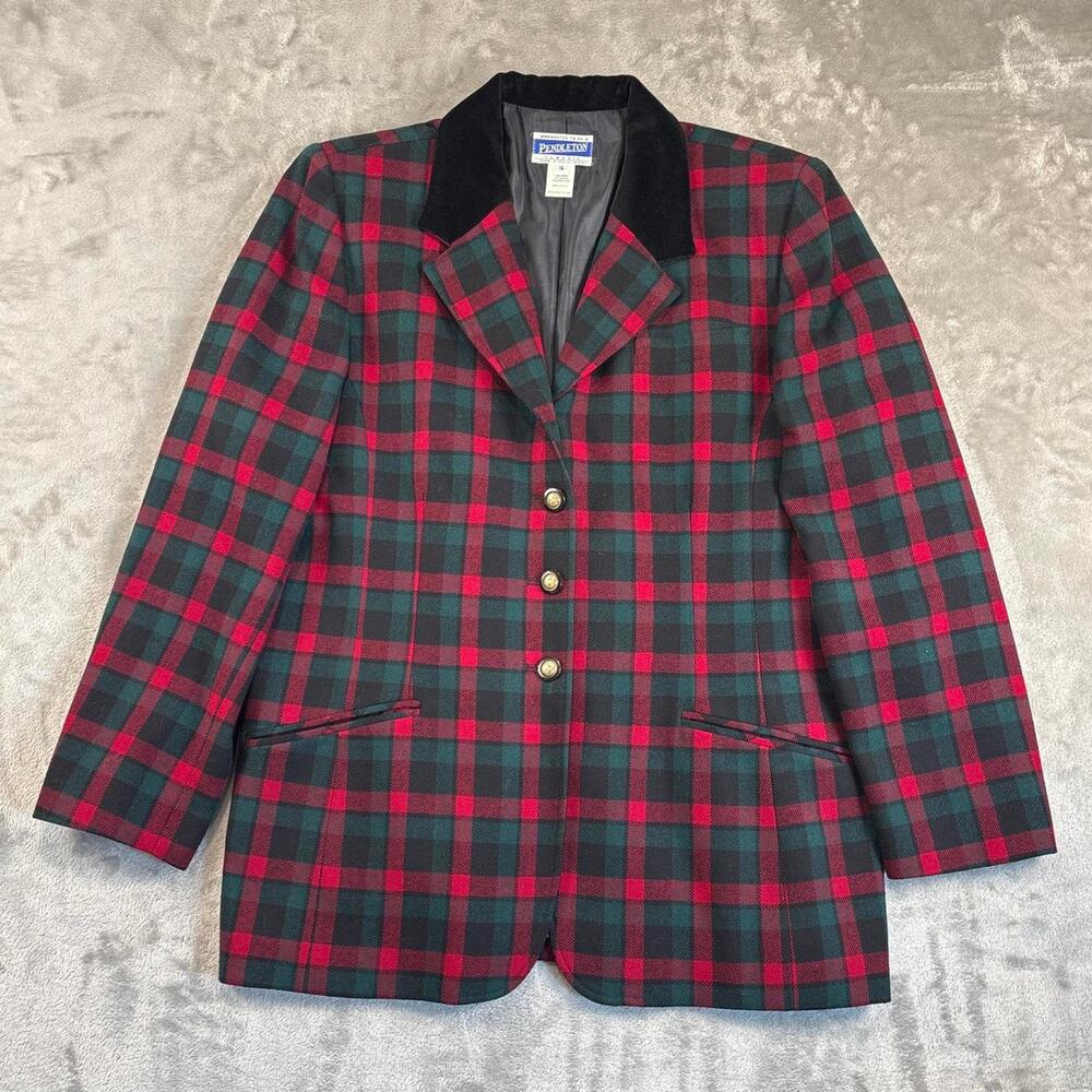 VTG Pendleton Red & Green Plaid Wool Blazer Jacket Women’s Size 16 Velour Collar